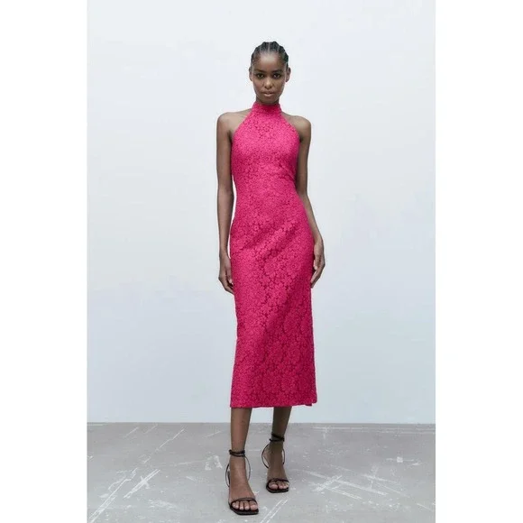 Zara Lace Halter Dress Womens Medium Pink Fuchsia Midi‎ Floral Open Back Pencil - Picture 14 of 16